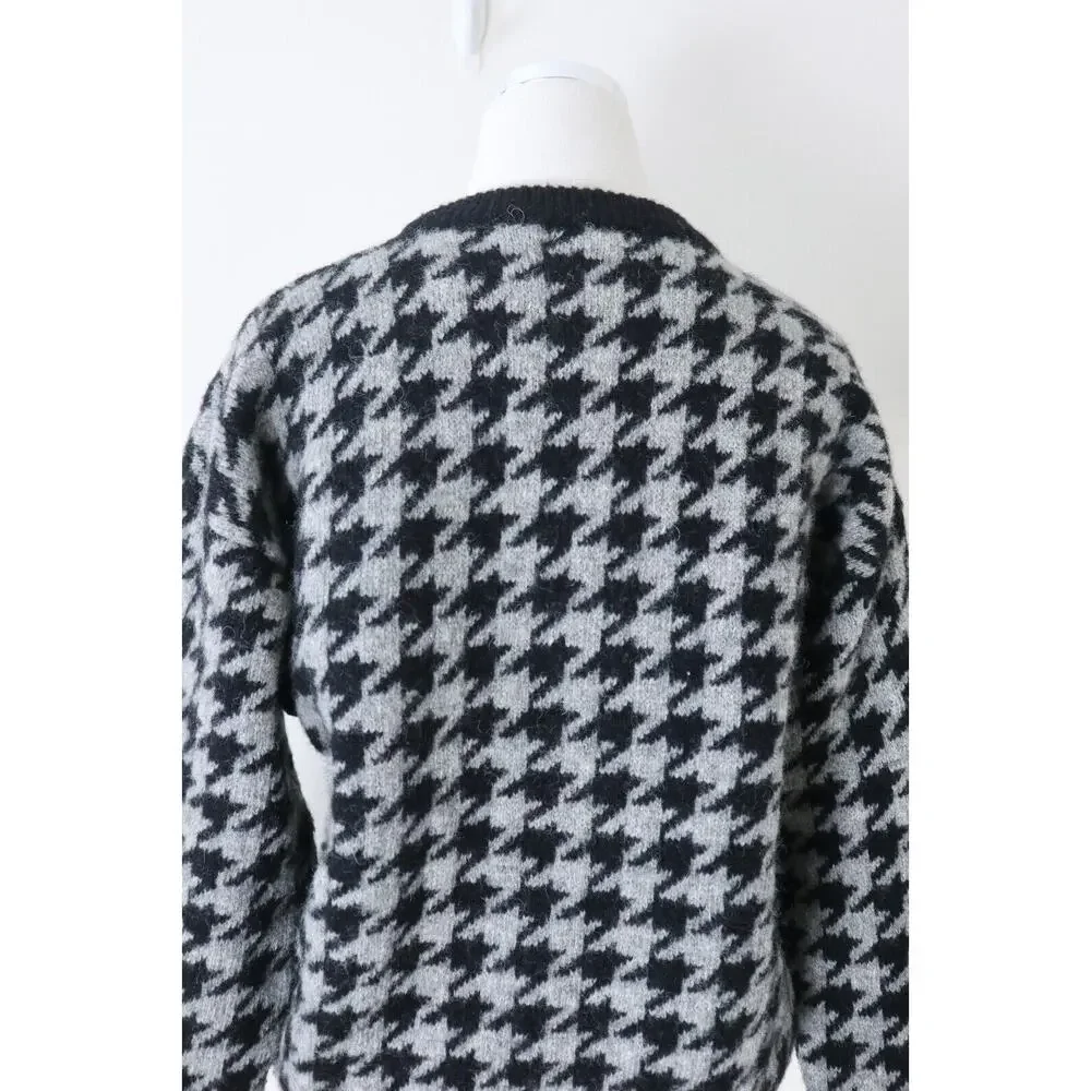 Vintage 1980s CREW Shetland Wool Houndstooth Sweater Pullover Black Gray